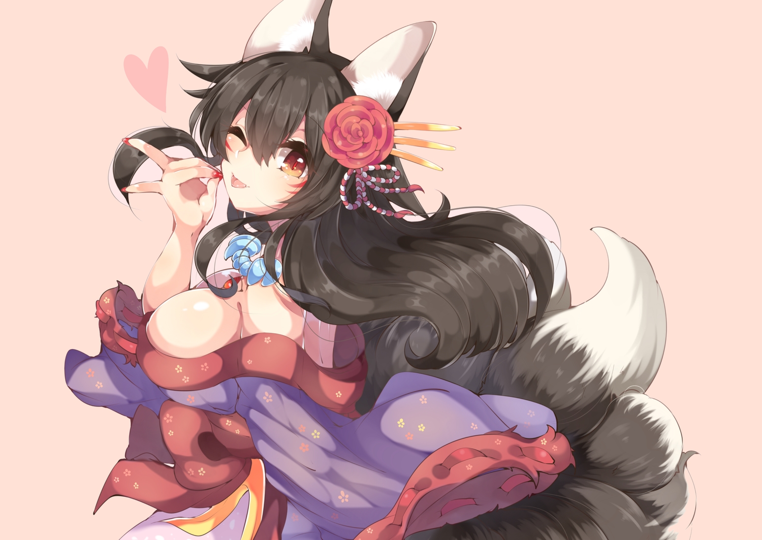 animal_ears, black_hair, breasts, cleavage, cropped, foxgirl, headdress, heart, japanese_clothes, kaenuco, kimono, long_hair, multiple_tails, necklace, orange_eyes, original, tail, wink