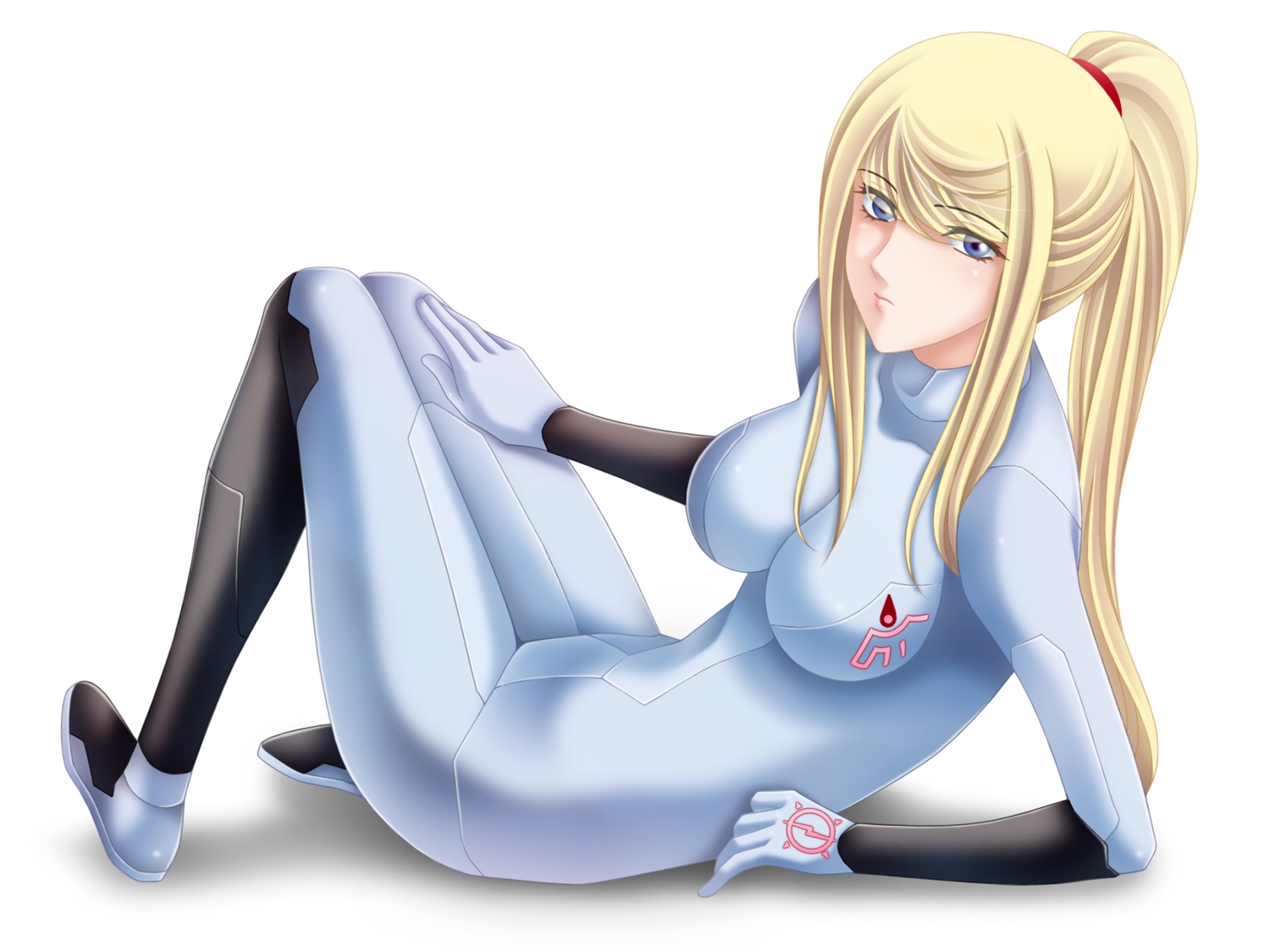 blonde_hair, blue_hair, bodysuit, long_hair, metroid, ponytail, samus_aran, skintight, tamamon, white