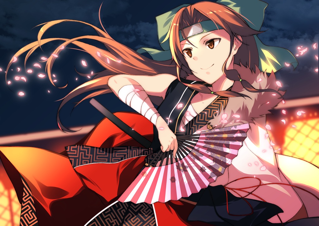 anthropomorphism, bandage, brown_eyes, brown_hair, fan, headband, japanese_clothes, jintsuu_(kancolle), kantai_collection, long_hair, petals, sahuyaiya