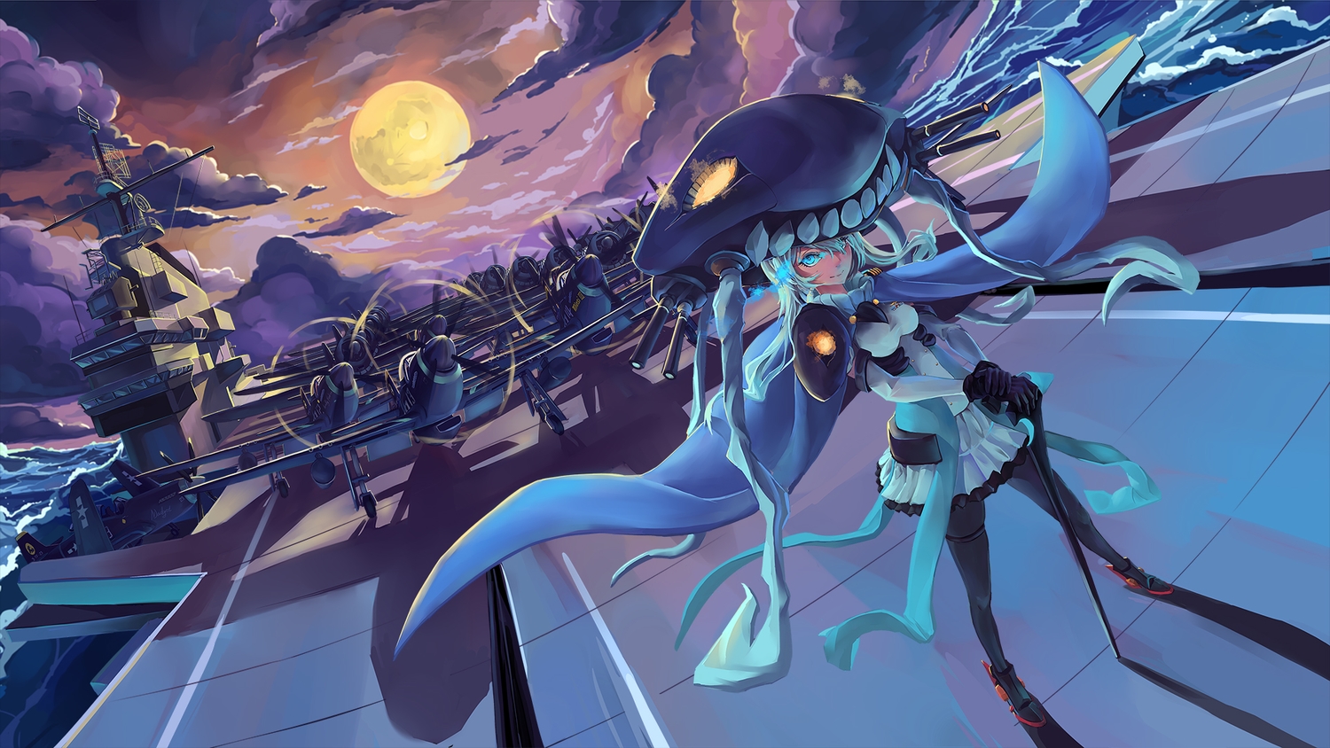 aircraft, anthropomorphism, boat, clouds, kantai_collection, moon, pantyhose, sima_naoteng, water, wo-class_aircraft_carrier