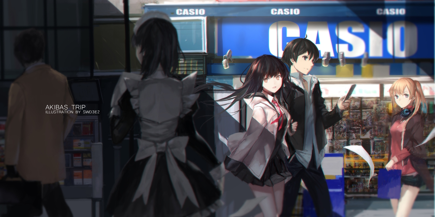 akiba's_trip, black_hair, blonde_hair, fumizuki_rui, group, headphones, long_hair, maid