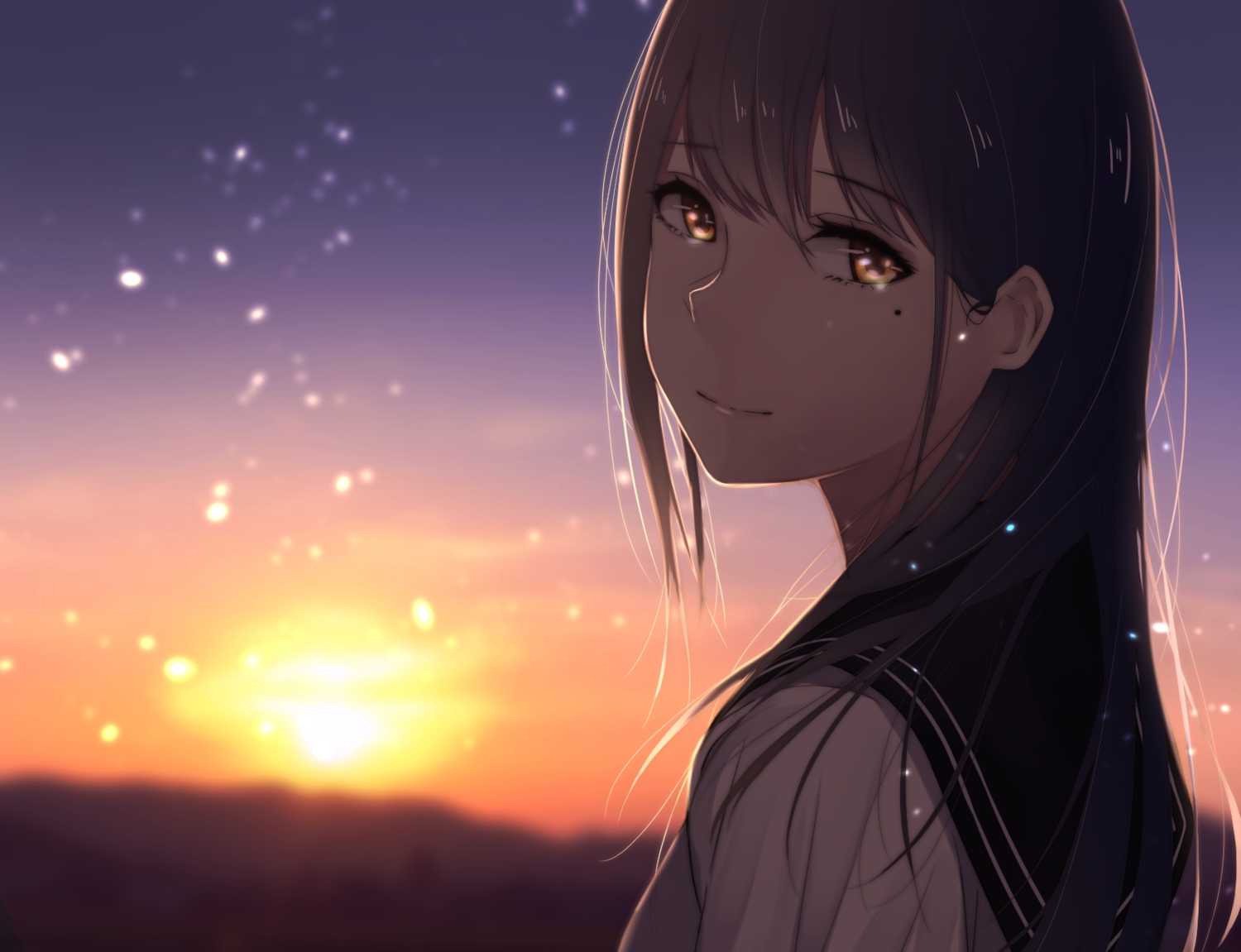 brown_eyes, brown_hair, close, long_hair, original, saitou_(lynx-shrike), school_uniform, sunset