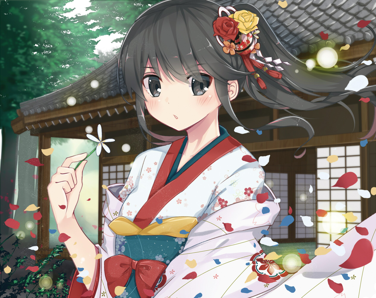 black_eyes, black_hair, building, flowers, japanese_clothes, kimono, koga_rejini, long_hair, original, petals, ponytail