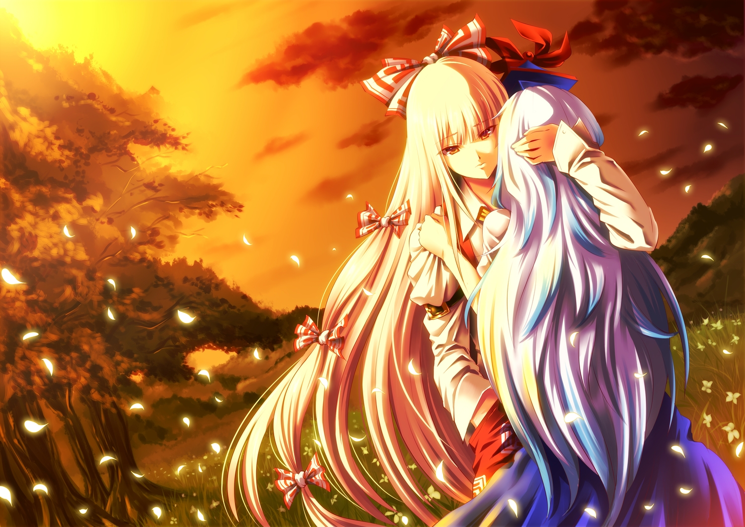 2girls, bow, flowers, fujiwara_no_mokou, grass, hijikawa_arashi, hug, kamishirasawa_keine