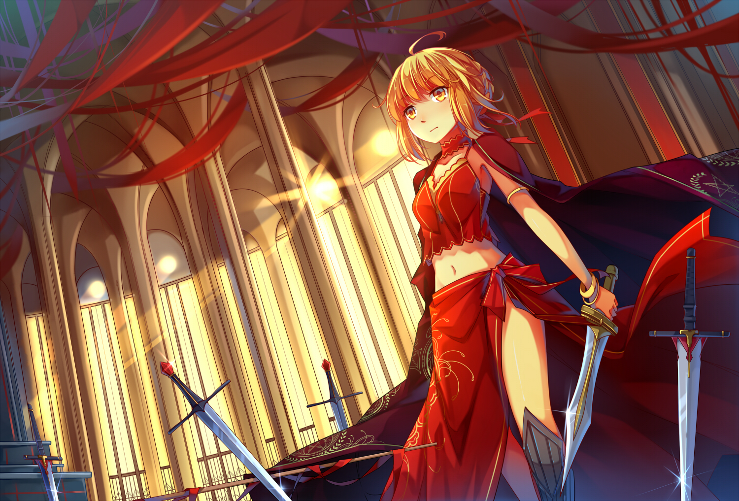 blonde_hair, fate/extra, fate_(series), koxo-01, navel, nero_claudius_(fate), skirt, sword