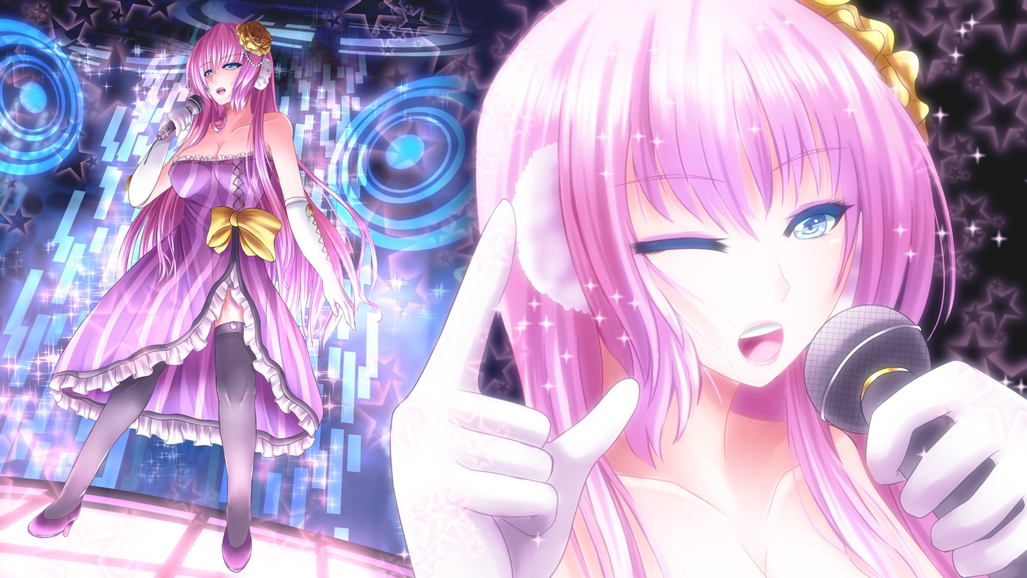 blue_eyes, dress, elbow_gloves, fuyuki_jun, gloves, long_hair, megurine_luka, microphone