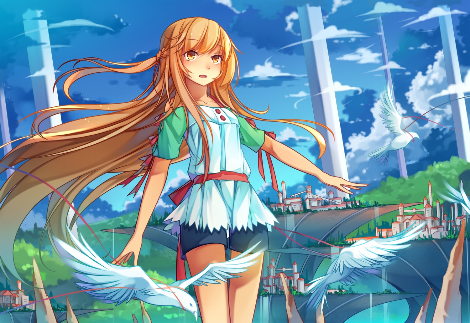 animal, bird, blonde_hair, koxo-01, long_hair, sky, sword_art_online, yuuki_asuna