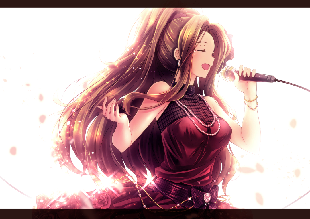 bow, dress, idolmaster, idolmaster_million_live!, ima_(lm_ew), long_hair, microphone, necklace