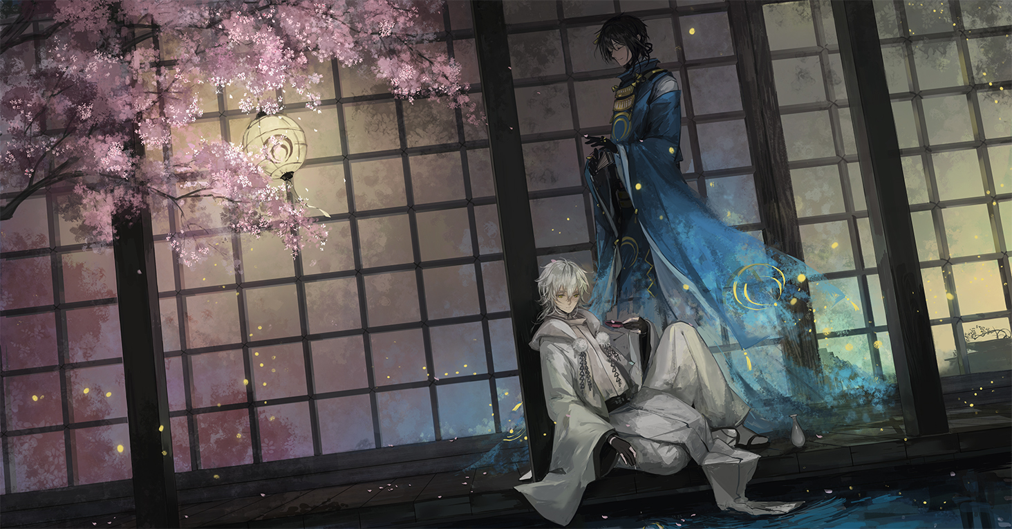 all_male, anthropomorphism, black_hair, cherry_blossoms, drink, flowers, gloves, japanese_clothes, lily_fairy, male, mikazuki_munechika, petals, touken_ranbu, tsurumaru_kuninaga, water, white_hair
