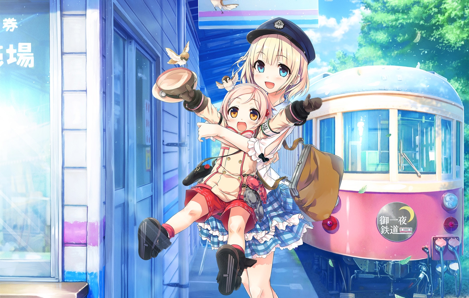 2girls, animal, anthropomorphism, aqua_eyes, bird, blonde_hair, building, cura, gloves, hat, hinai_paulette, loli, maitetsu, orange_eyes, reina_(maitetsu), scenic, shorts, skirt, train, translation_request, uniform