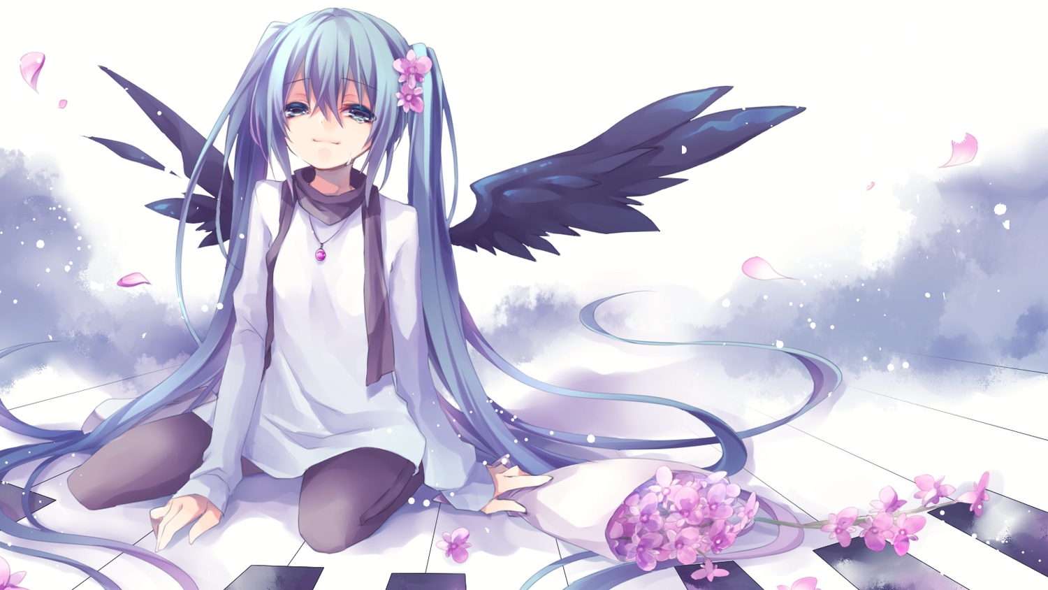 aqua_eyes, aqua_hair, flowers, hatsune_miku, instrument, kuroi_(liar-player), long_hair, necklace