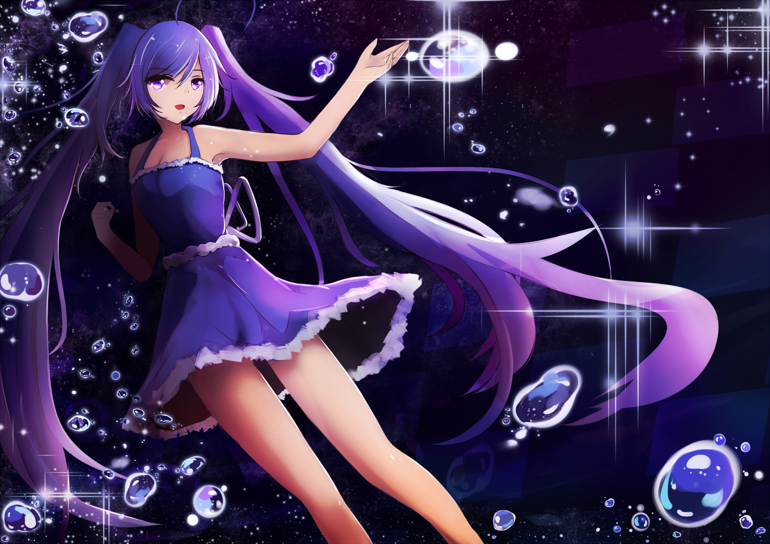 bubbles, dark, dress, hatsune_miku, long_hair, purple_eyes, purple_hair, qingye_ling, summer_dress, twintails, vocaloid