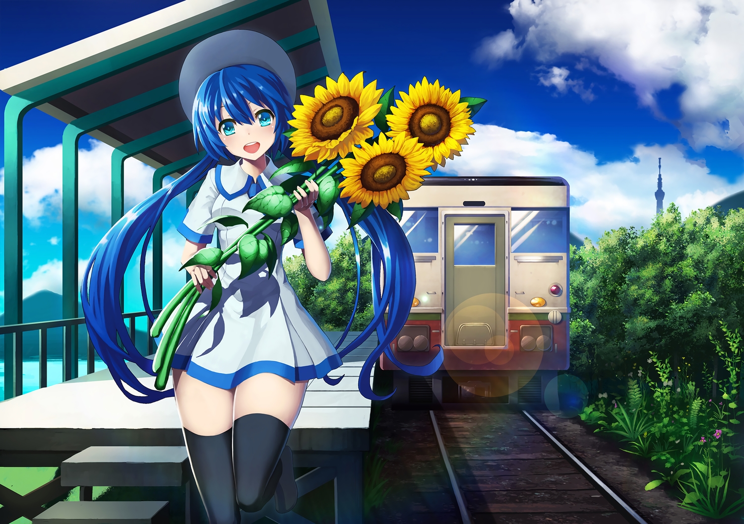 aqua_eyes, blue_hair, clouds, defiaz_(infinity), dress, flowers, hat, hatsune_miku, leaves, long_hair, sunflower, thighhighs, train, twintails, vocaloid, zettai_ryouiki