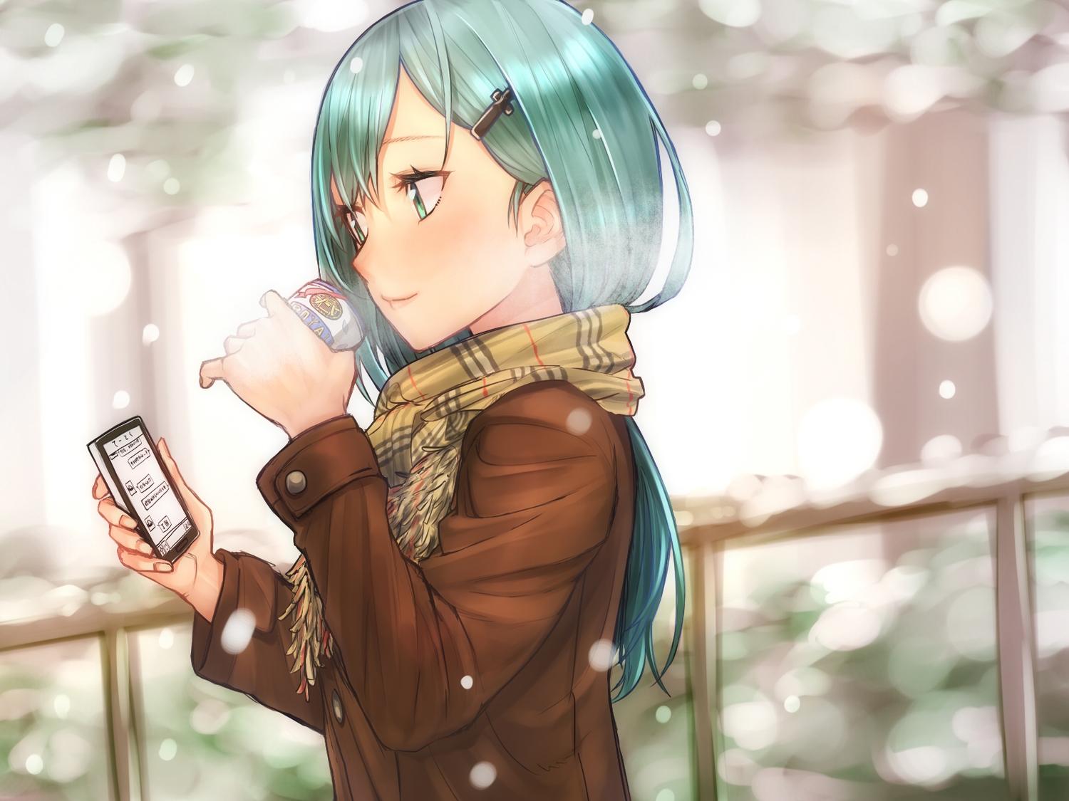 anthropomorphism, aqua_hair, baffu, drink, green_eyes, kantai_collection, phone, scarf