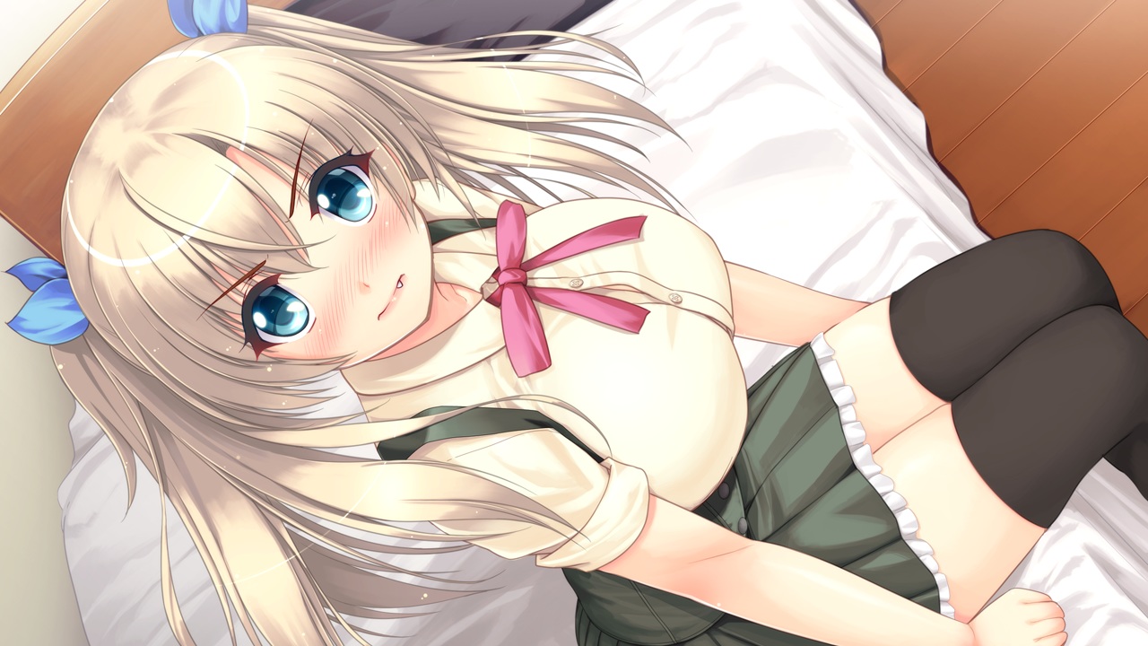 aqua_eyes, bed, blonde_hair, blush, breasts, fang, game_cg, maia, moric, one_lover, school_uniform, skirt, thighhighs, twintails, zettai_ryouiki