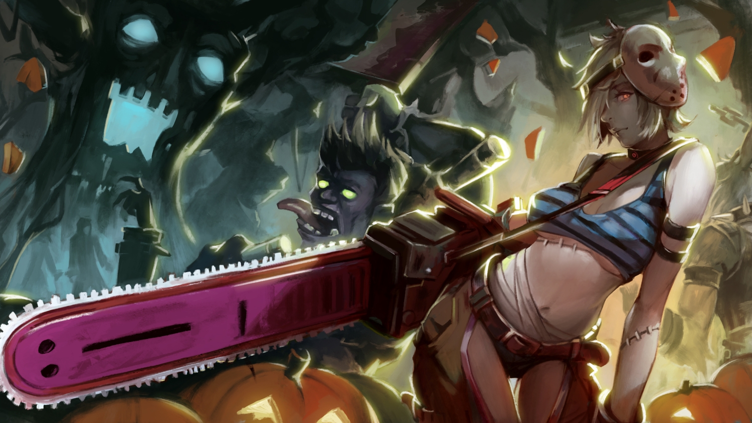 breasts, chainsaw, cleavage, halloween, iorlvm, league_of_legends, mask, navel