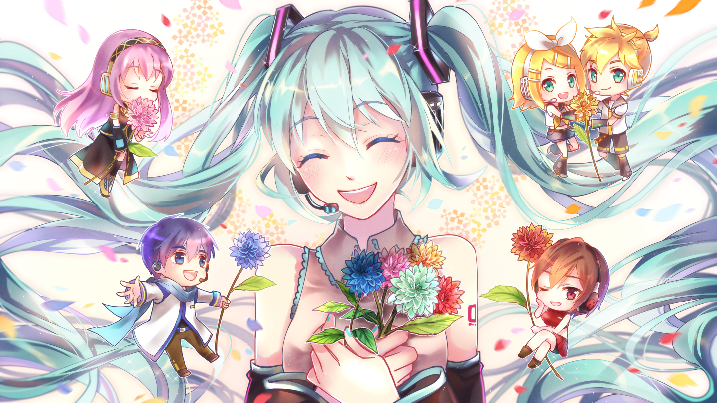 chibi, flowers, group, hatsune_miku, kagamine_len, kagamine_rin, kaito, male