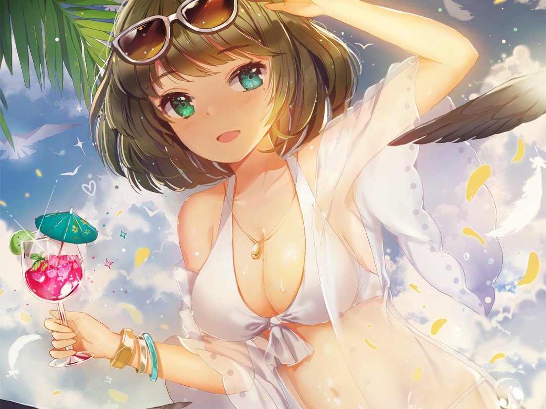 bicolored_eyes, bikini_top, breasts, brown_hair, cleavage, cropped, dangmill, drink, idolmaster, idolmaster_cinderella_girls, necklace, short_hair, sunglasses, takagaki_kaede, wristwear