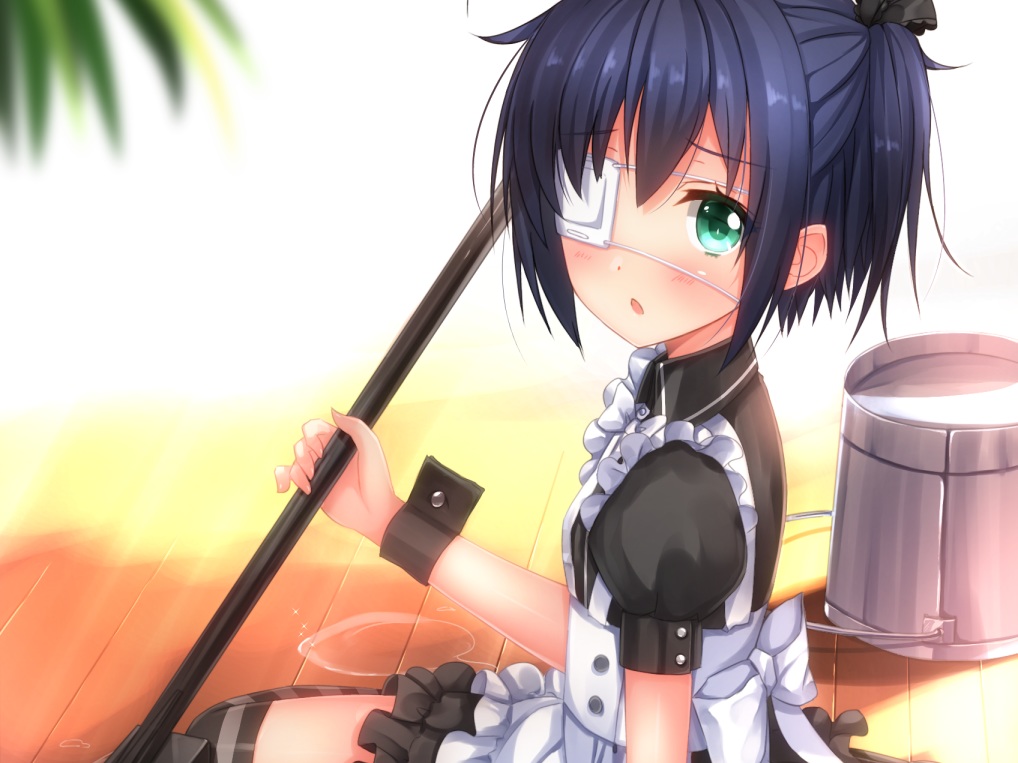 aqua_eyes, black_hair, chuunibyou_demo_koi_ga_shitai!, cropped, eyepatch, maid, ponytail, short_hair