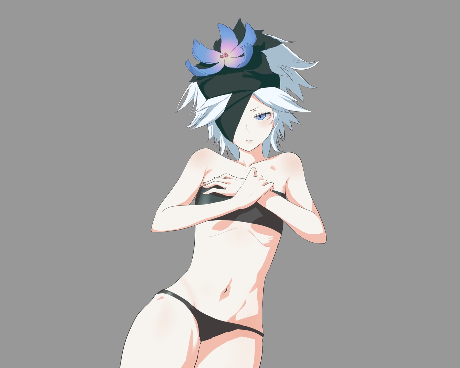blue_eyes, eyepatch, flamie_speeddraw, kurororoku, rokka_no_yuusha, underwear, white_hair