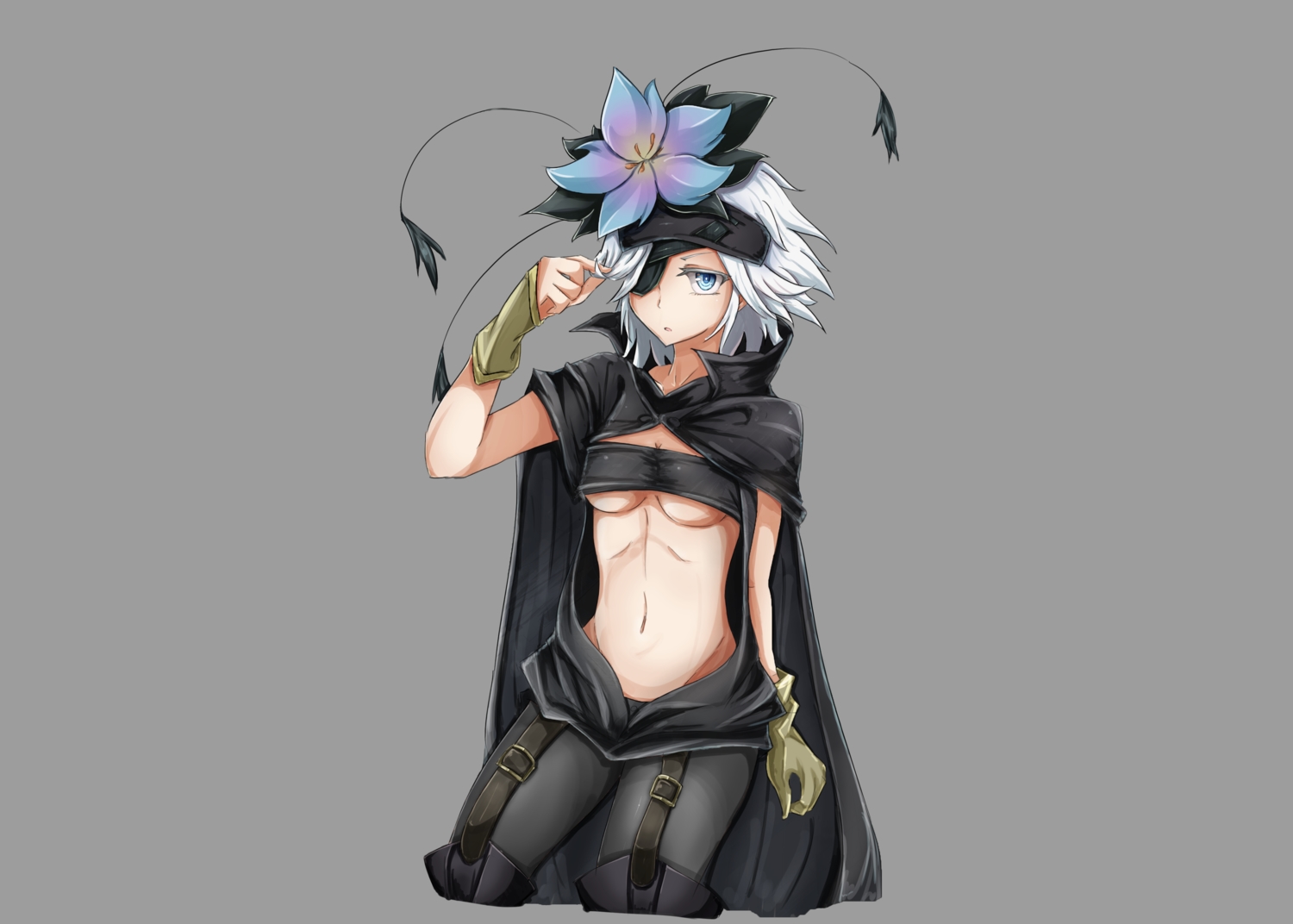blue_eyes, breasts, cape, eyepatch, flamie_speeddraw, gloves, kutani_taku, rokka_no_yuusha