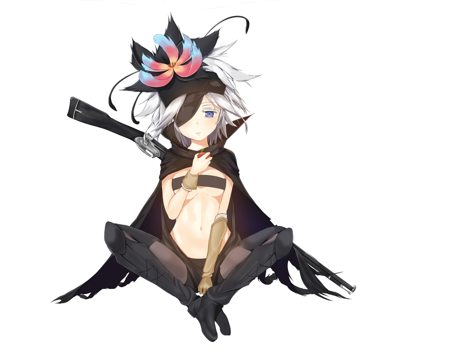 apple, blue_eyes, boots, breasts, cape, cho_hyang, eyepatch, flamie_speeddraw, food, fruit, gloves, gun, rokka_no_yuusha, underboob, weapon, white_hair