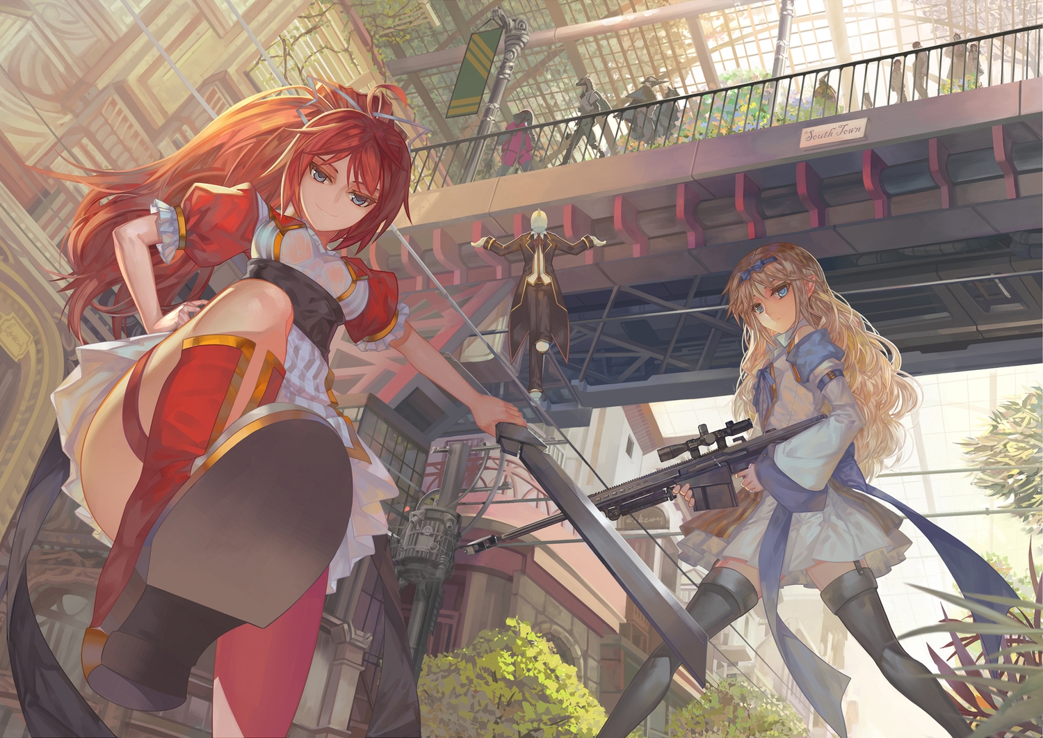 2girls, blonde_hair, building, gun, original, paku, red_hair, sword, thighhighs, weapon