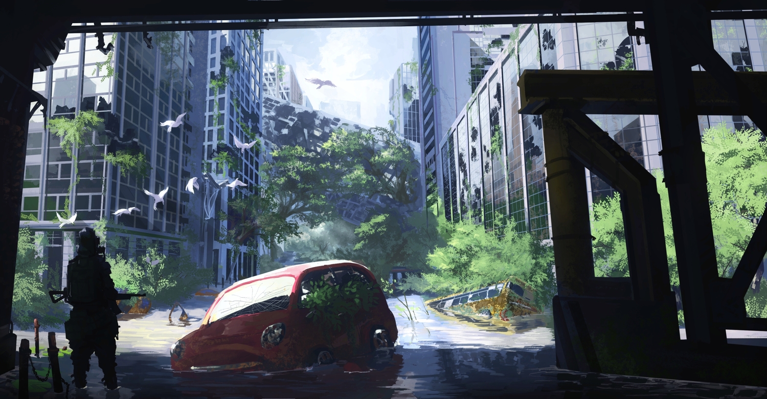 animal, bird, building, car, city, gun, kaatoso, military, original, ruins, shade, silhouette, tree, uniform, water, weapon