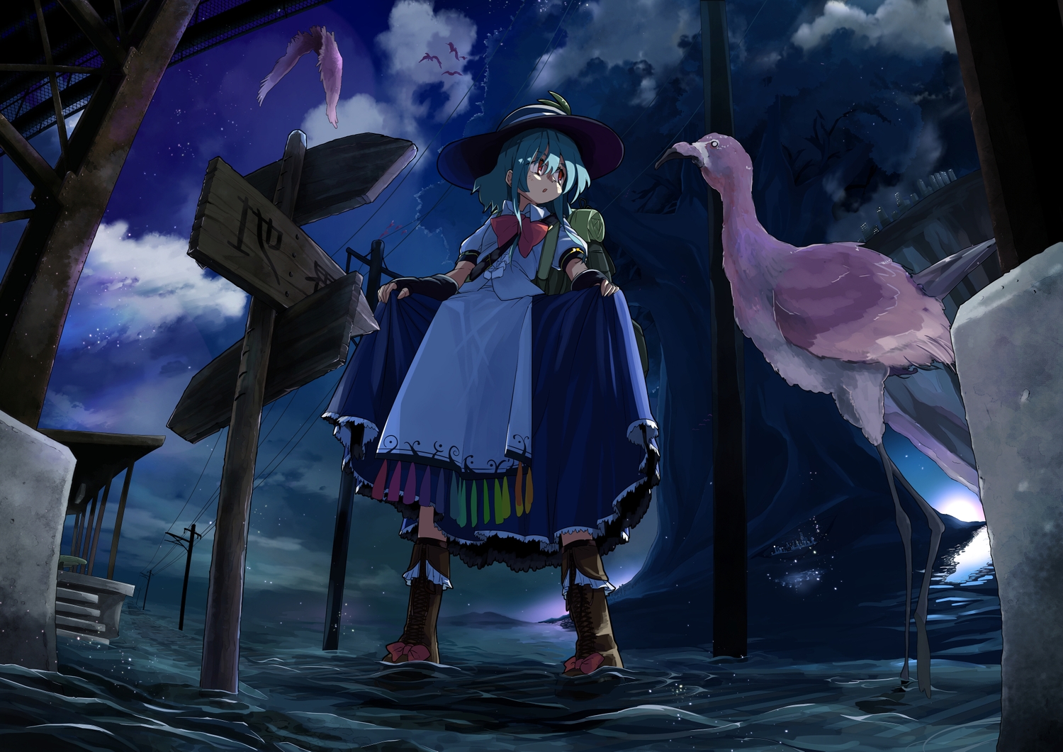 animal, aqua_hair, bird, boots, bow, building, city, clouds, gloves, hat, hinanawi_tenshi, night, red_eyes, short_hair, skirt_lift, sky, touhou, tree, waira, water
