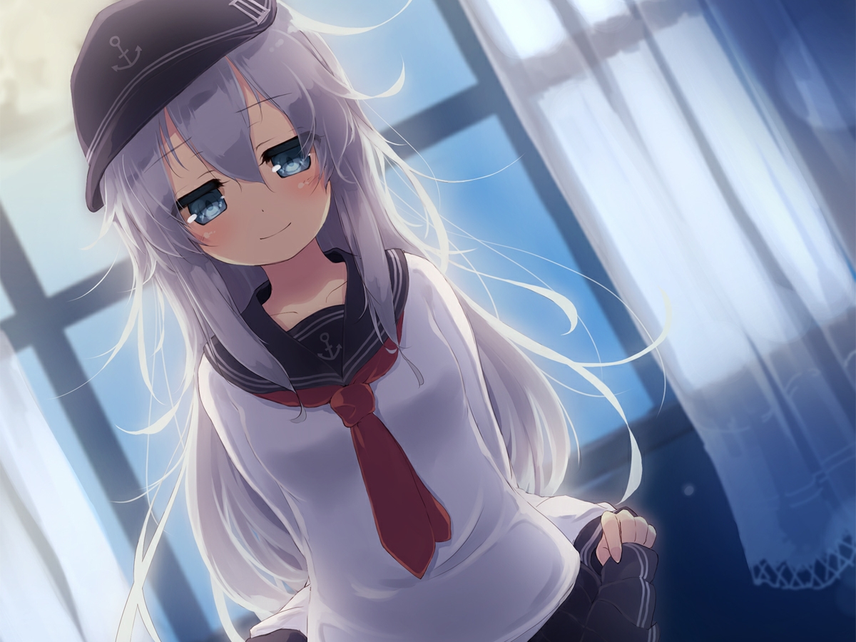 anthropomorphism, blue_eyes, cropped, gengetsu_chihiro, gray_hair, hat, hibiki_(kancolle), kantai_collection