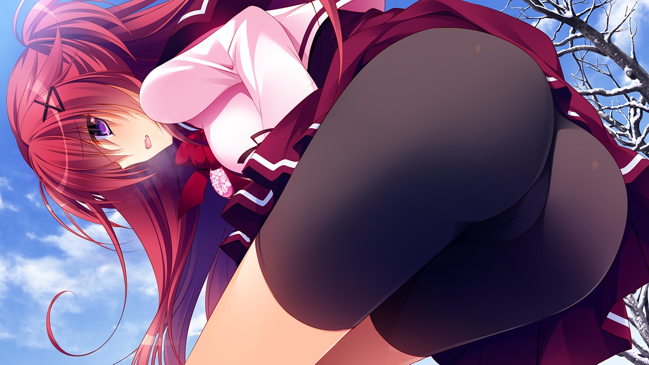 bike_shorts, fang, game_cg, long_hair, nanaca_mai, purple_eyes, red_hair, reppuuji_kanon, school_uniform, shorts, skirt, yukikoi_melt