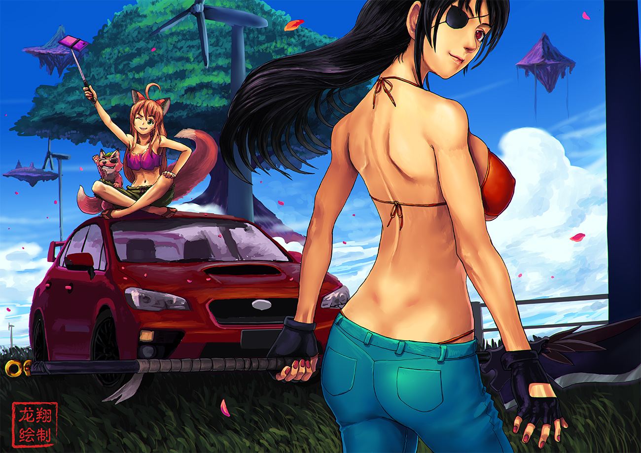 2girls, animal, animal_ears, ass, bikini_top, black_hair, car, eyepatch, foxgirl, gloves, long_hair, navel, original, red_eyes, ryu_shou, tail, weapon, wink