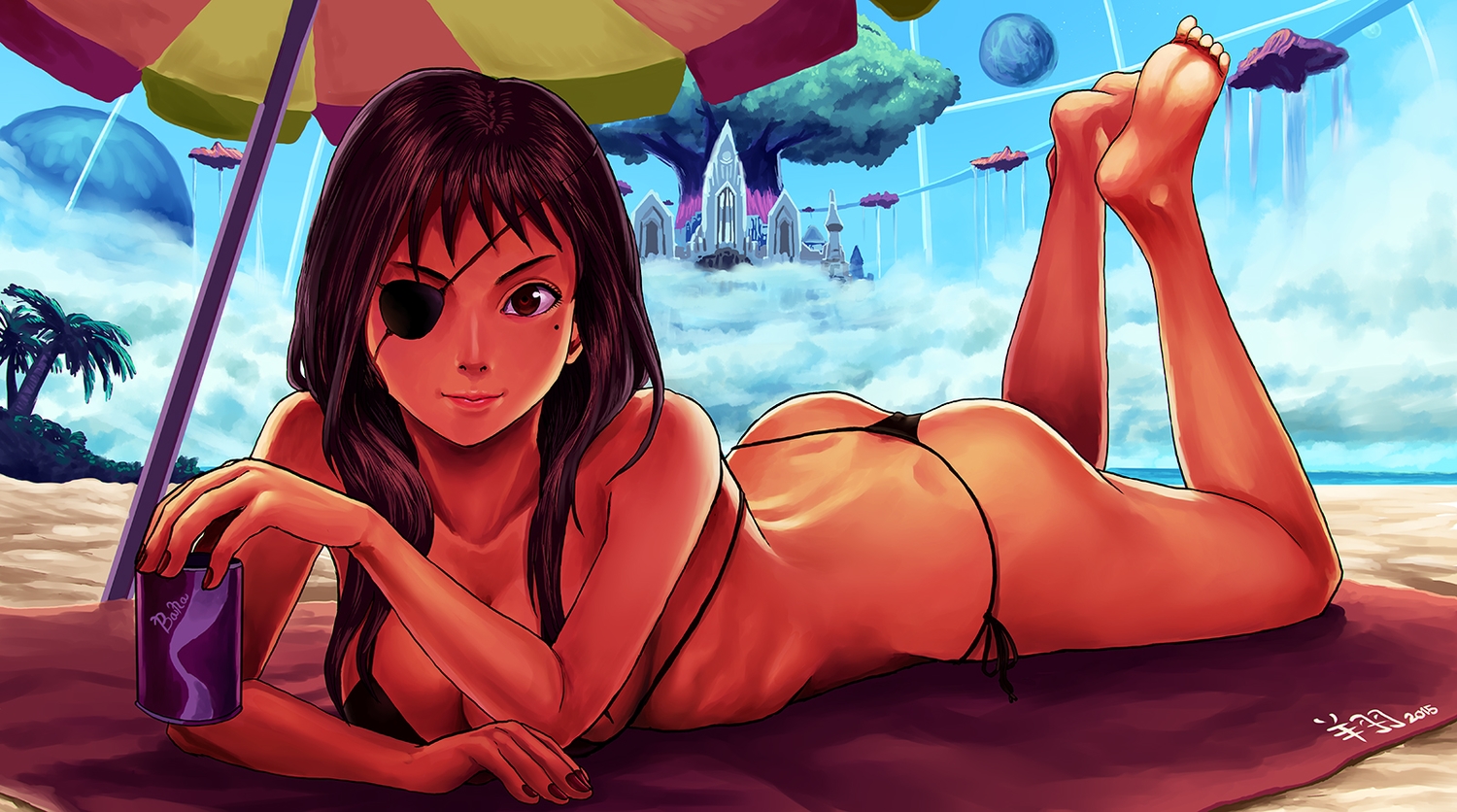 barefoot, beach, bikini, black_hair, drink, eyepatch, long_hair, original, red_eyes, ryu_shou, swimsuit, umbrella