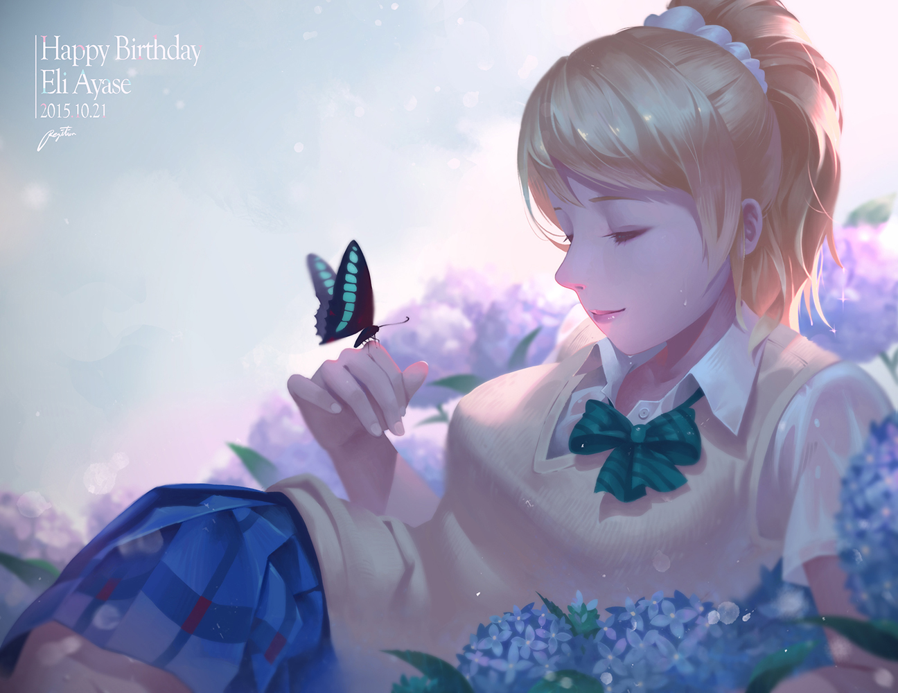 ayase_eri, blonde_hair, bow, butterfly, flowers, love_live!_school_idol_project, ponytail, regition