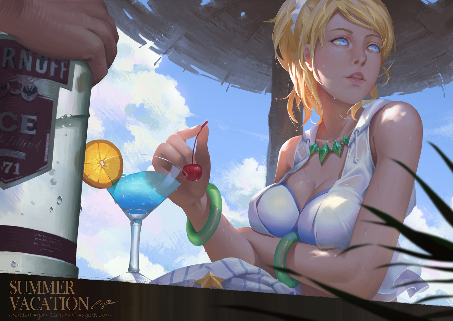 ayase_eri, blonde_hair, blue_eyes, breasts, cherry, cleavage, drink, food