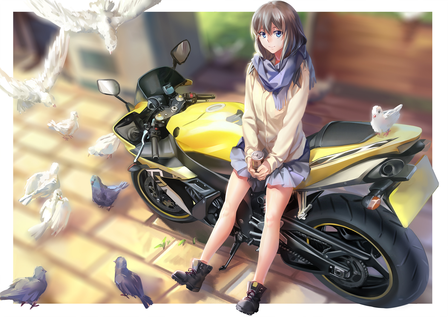 animal, bird, blue_eyes, boots, brown_hair, drink, long_hair, motorcycle