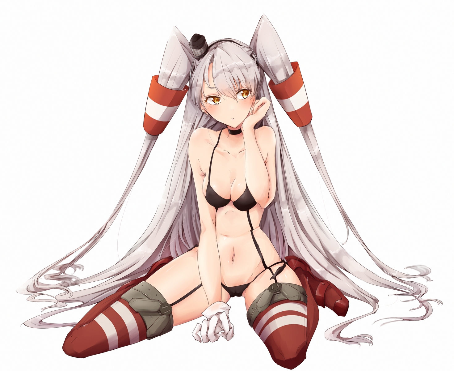 amatsukaze_(kancolle), anthropomorphism, bikini, blush, breasts, cameltoe, choker, cleavage, gloves, kantai_collection, long_hair, najuco, navel, swimsuit, thighhighs, twintails, white