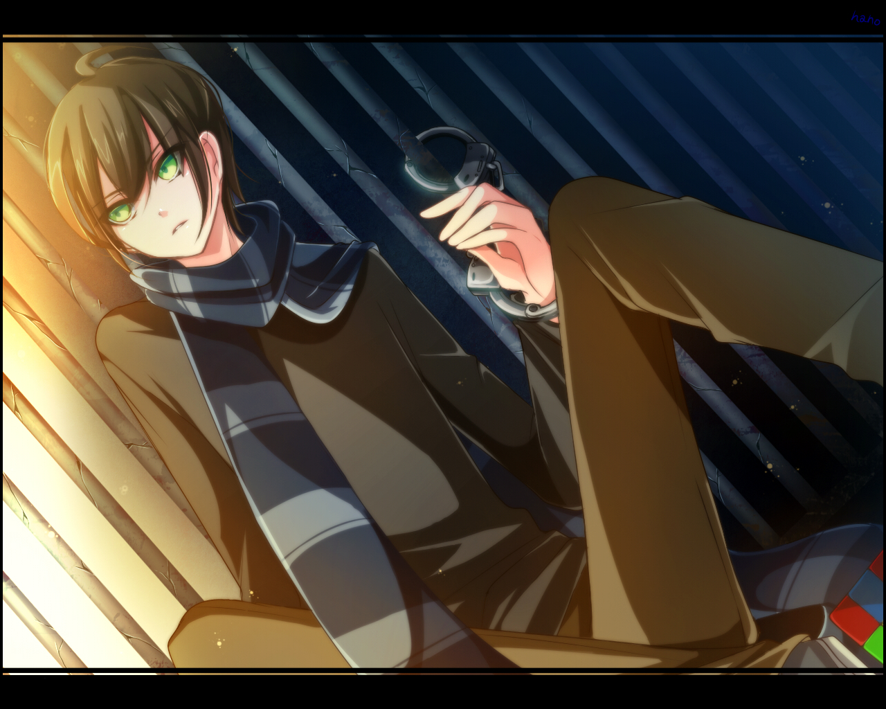 all_male, cage, creepypasta, green_eyes, male, scarf, shackles