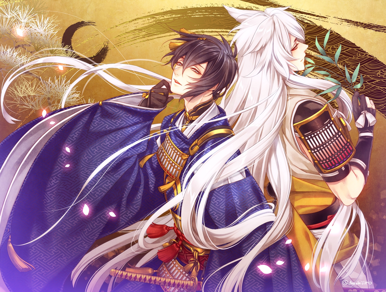 all_male, animal_ears, anthropomorphism, black_hair, den_(itokiitoki5022), gloves, japanese_clothes, kogitsunemaru