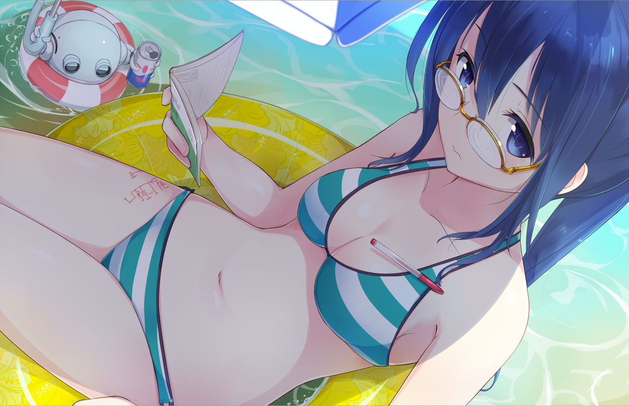 bikini, blue_eyes, blue_hair, book, breasts, cleavage, glasses, long_hair, navel, original, ponytail, robot, sakusaku, swim_ring, swimsuit, water
