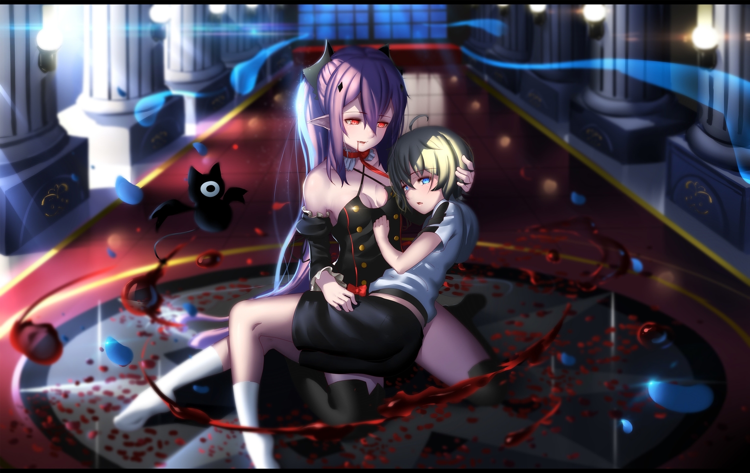 blonde_hair, blood, breasts, cleavage, hk_(hk), hyakuya_mikaela, jpeg_artifacts, kneehighs