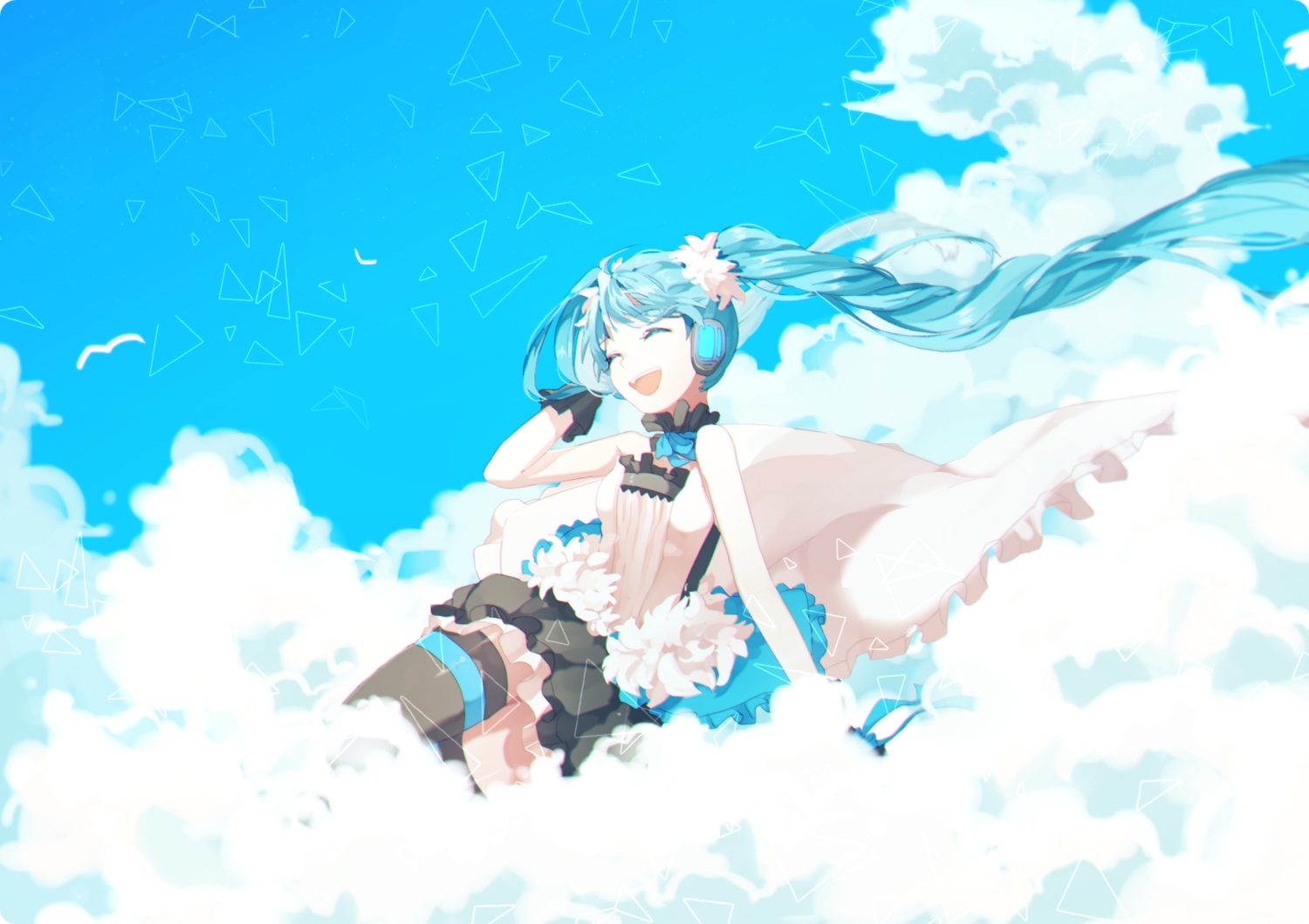 7th_dragon_2020, aqua_hair, clouds, hatsune_miku, headphones, hisu_(hiss_1107), skirt, thighhighs, twintails, vocaloid