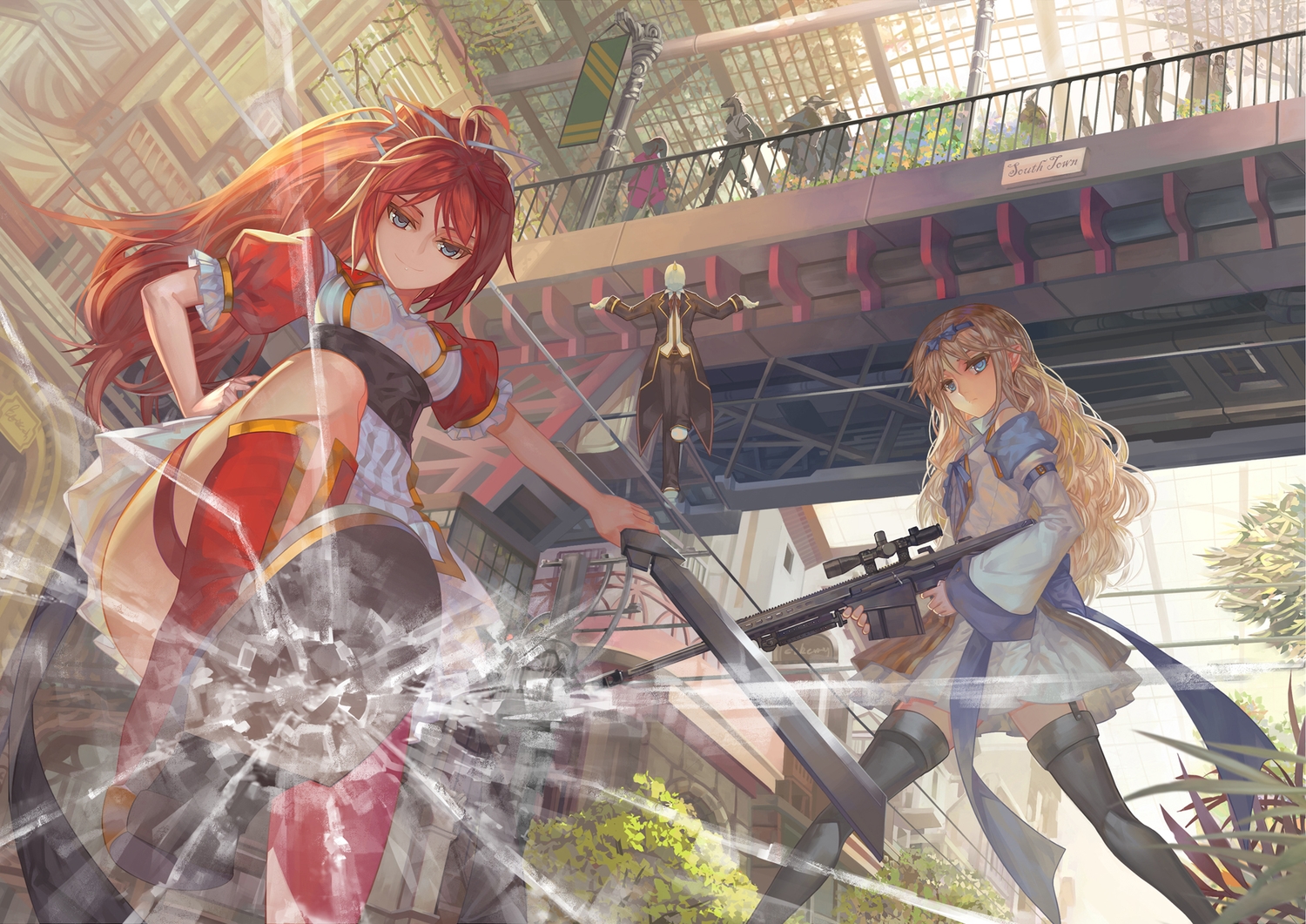 blonde_hair, building, gun, original, paku, red_hair, sword, thighhighs