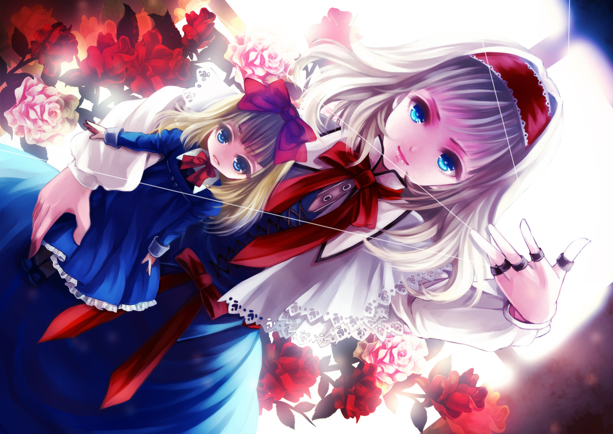 alice_margatroid, aqua_eyes, awa_toka, blonde_hair, blue_eyes, bow, doll, dress, flowers, headdress, long_hair, mage, ribbons, rose, shanghai_doll, touhou