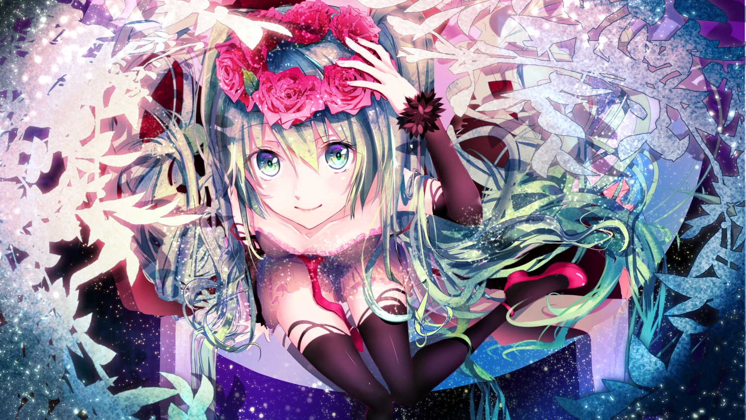 aqua_eyes, aqua_hair, flowers, hatsune_miku, long_hair, nekomaaro, thighhighs, twintails, vocaloid