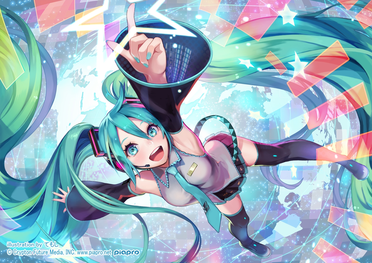 aqua_eyes, aqua_hair, boots, hatsune_miku, headphones, long_hair, temoshi, thighhighs, tie, twintails, vocaloid, watermark