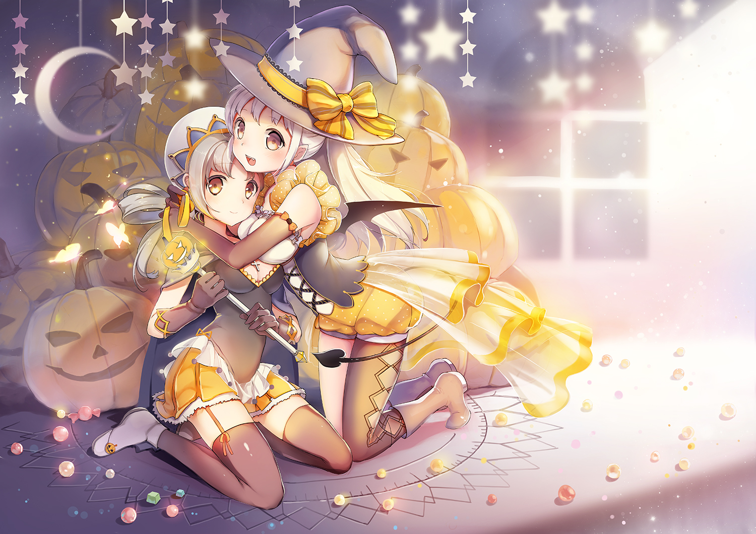 2girls, bloomers, boots, bow, candy, elbow_gloves, fang, garter_belt