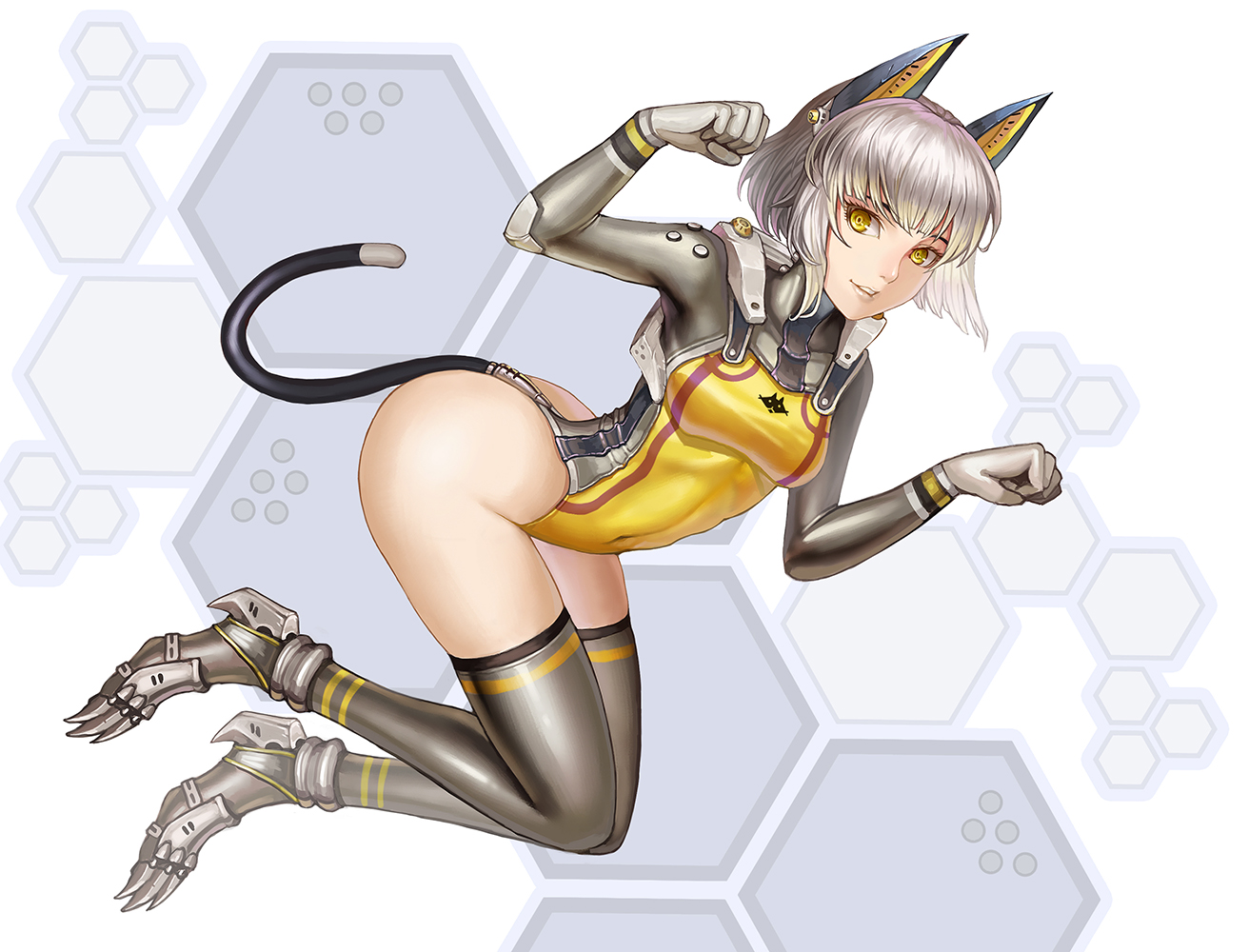animal_ears, bodysuit, catgirl, gray_hair, lieqi_hun, mechagirl, navel, original, short_hair, skintight, tail, thighhighs, yellow_eyes