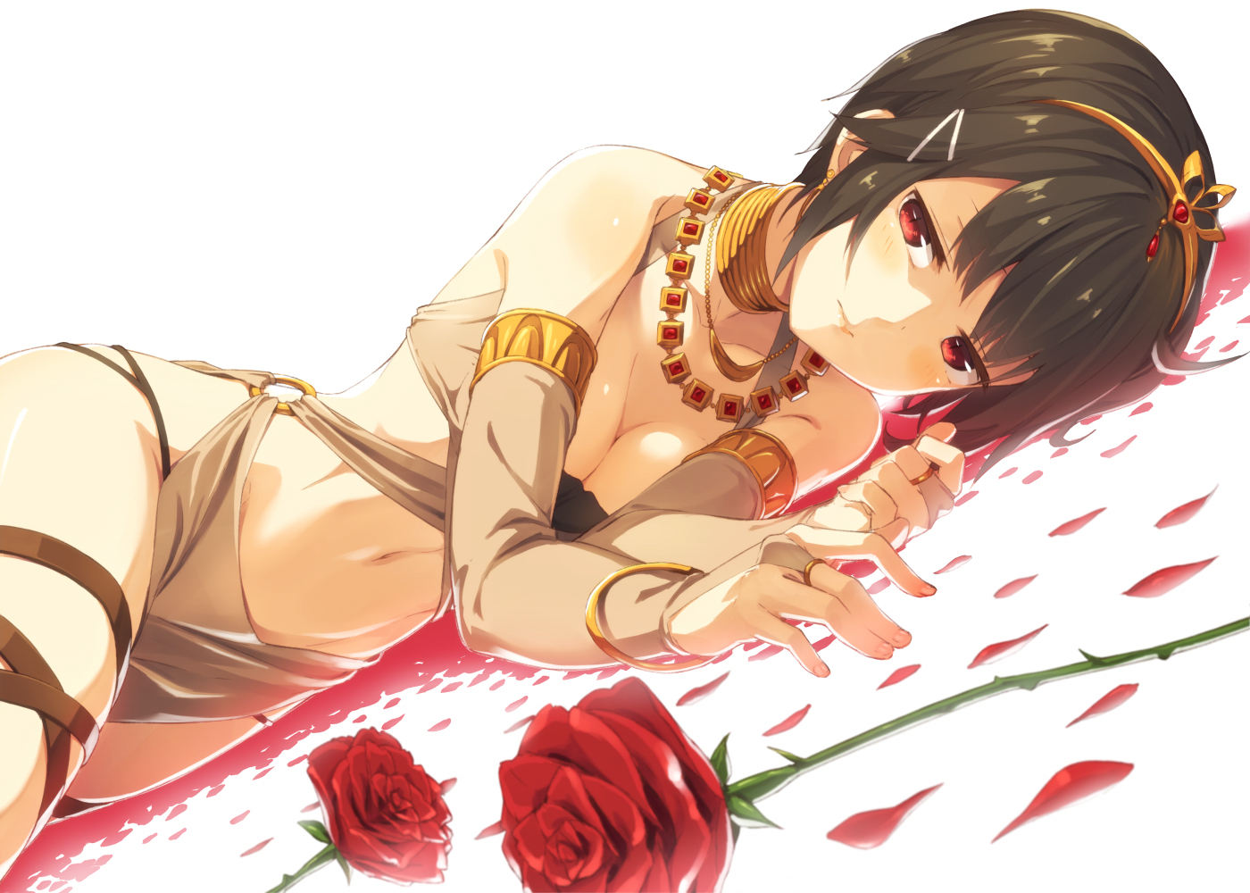 breasts, brown_hair, choker, cleavage, flowers, headband, kinta_(distortion), navel, necklace, original, petals, red_eyes, rose, short_hair