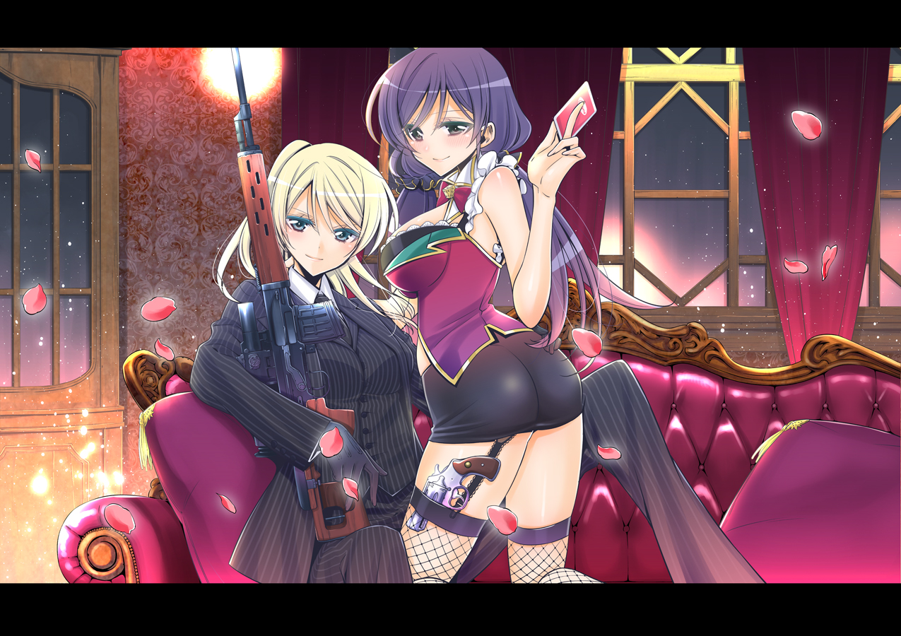 2girls, ass, ayase_eri, blonde_hair, garter_belt, gun, long_hair, love_live!_school_idol_project, purple_hair, skirt, suit, takano_saku, thighhighs, tie, toujou_nozomi, twintails, weapon